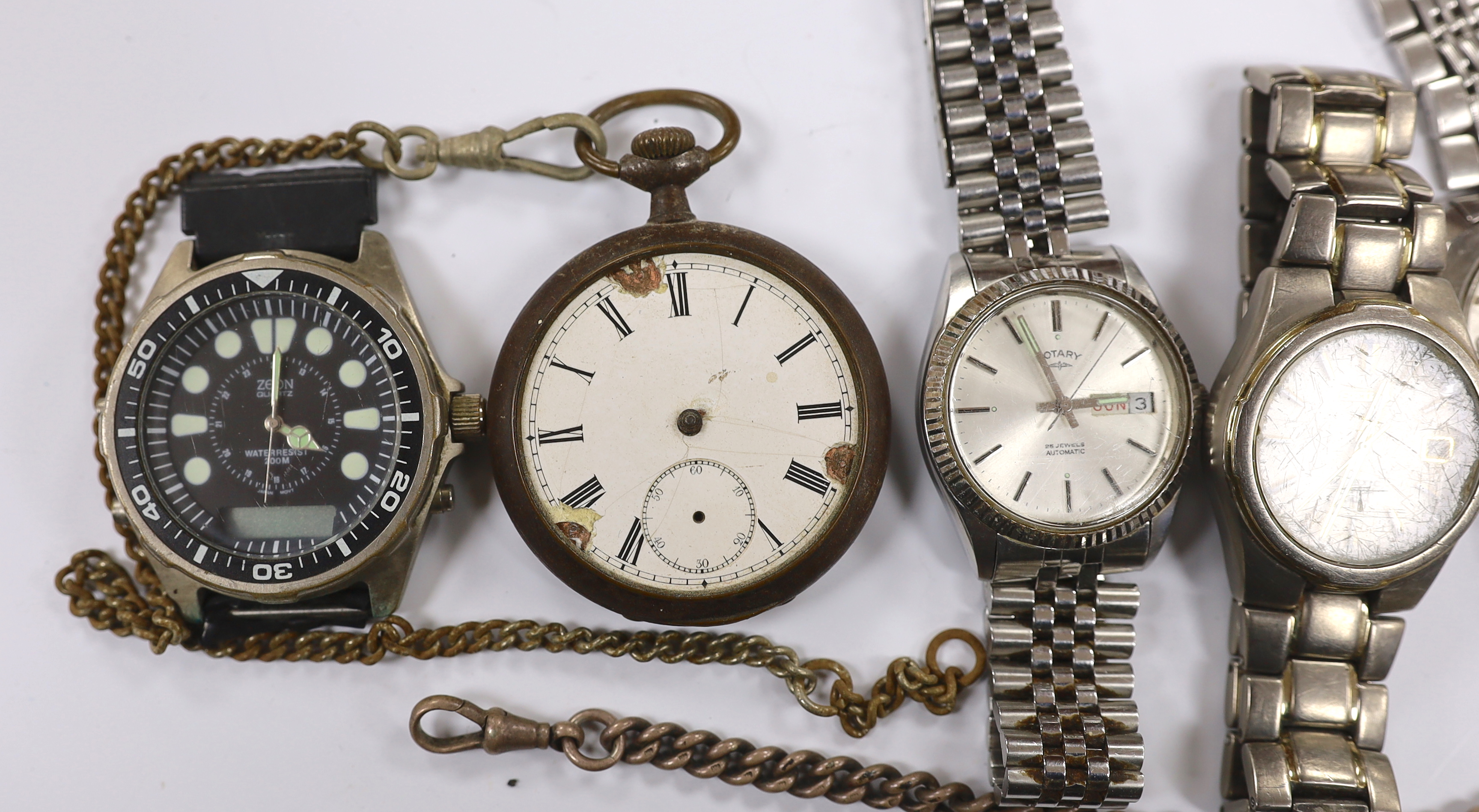 Two gentleman's modern stainless steel Seiko wrist watches, three others including a Rotary and two pocket watches including silver with silver albert.